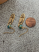 Load image into Gallery viewer, Mussel Shell Earrings - gold with aqua Czech glass beads - dangle earrings