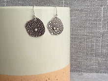 Load image into Gallery viewer, Sterling silver Pebble earrings with clear cubic zirconia, dangle earrings organic coin shape