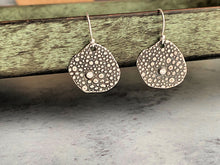 Load image into Gallery viewer, Sterling silver Pebble earrings with clear cubic zirconia, dangle earrings organic coin shape