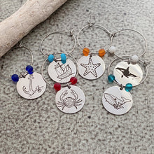 Load image into Gallery viewer, Beach Theme Wine Glass Charms - Stainless Steel set of 6 with recycled glass beads