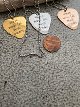 Load image into Gallery viewer, where words fail, music speaks - engraved stainless steel guitar pick necklace - stainless steel ball chain - gift for music lover