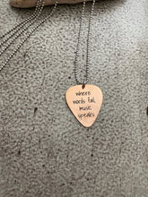 Load image into Gallery viewer, where words fail, music speaks - engraved stainless steel guitar pick necklace - stainless steel ball chain - gift for music lover