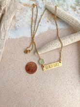 Load image into Gallery viewer, Beach girl necklace - gold pewter with seafoam glass gem - horizontal bar necklace