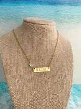 Load image into Gallery viewer, Beach girl necklace - gold pewter with seafoam glass gem - horizontal bar necklace