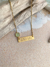 Load image into Gallery viewer, Beach girl necklace - gold pewter with seafoam glass gem - horizontal bar necklace