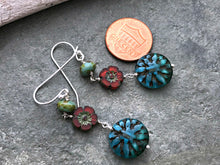 Load image into Gallery viewer, Multi Colored Czech Glass Earrings - Green. Red and Blue summer long dangle earrings - sterling silver