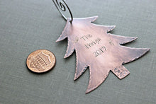 Load image into Gallery viewer, Rustic Copper Christmas Tree Ornament - Personalized with Family name and Year - Holly design - Custom Made to order - Gift idea new couple