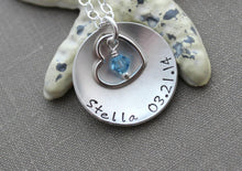 Load image into Gallery viewer, Baby name necklace - Sterling silver with heart - Personalized with Name and Swarovski Crystal Birthstone - new mom birthstone necklace