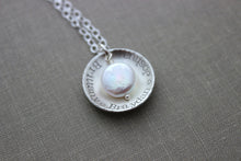 Load image into Gallery viewer, Sterling Silver name Necklace - Cupped Disc with Freshwater coin pearl and personalized names - Gift for Grandma - Nana - Mom jewelry
