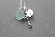 Load image into Gallery viewer, Sterling Silver Fancy Cross Charm Necklace with Genuine Sea Glass - Personalized Initial Charm - Confirmation Gift Idea - Faith - Hope