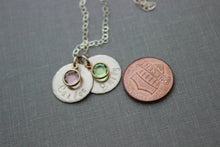 Load image into Gallery viewer, 14k Gold filled Disc necklace with Two Names and Swarovski Crystal Birthstones, Hand Stamped, Mommy Jewelry, Custom, Christmas Gift