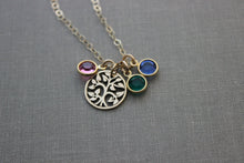 Load image into Gallery viewer, Bronze family tree necklace with 14k gold filled chain and Swarovski Crystal birthstones - Gift for Mom - Family Tree gift, gift for grandma