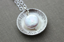 Load image into Gallery viewer, Sterling Silver name Necklace - Cupped Disc with Freshwater coin pearl and personalized names - Gift for Grandma - Nana - Mom jewelry