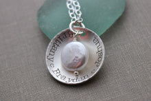 Load image into Gallery viewer, Sterling Silver name Necklace - Cupped Disc with Freshwater coin pearl and personalized names - Gift for Grandma - Nana - Mom jewelry