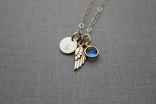 Load image into Gallery viewer, Angel wing necklace gold or silver Personalized Initial disc and Swarovski crystal birthstone charm, 14k gold filled or sterling Memorial
