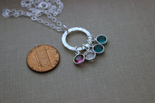 Load image into Gallery viewer, Sterling Silver Family Circle Necklace, Childrens Birthstones, Hammered Washer Swarovski Crystal Birthstones, Mothers Day gift Necklace