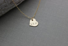Load image into Gallery viewer, Heart necklace with two initials - 14k Gold filled heart Disc - Hand Stamped, Couples necklace  2 initials  wedding shower gift  Valentine&#39;s
