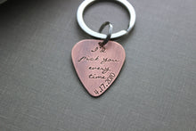 Load image into Gallery viewer, I'd pick you every time - date Rustic Guitar Pick keychain, Hand Stamped Copper Guitar Pick, 18g, Gift for Boyfriend, Husband, groom