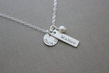 Load image into Gallery viewer, Name birthdate Necklace - Sterling silver disc circle & bar white pearl, hand stamped children's name necklace Christmas Gift for new mom
