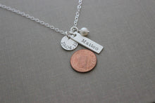 Load image into Gallery viewer, Name birthdate Necklace - Sterling silver disc circle & bar white pearl, hand stamped children's name necklace Christmas Gift for new mom