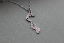 Load image into Gallery viewer, Whidbey Island Outline Necklace - Washington State Rustic Copper with stainless steel chain - Heart design over your city / location