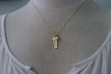 Load image into Gallery viewer, 14k gold filled Cross necklace - skinny bar name Charm - Name & White Freshwater Pearl - Hand Stamped - Confirmation Communion gift - Custom