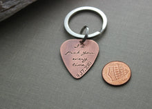 Load image into Gallery viewer, I'd pick you every time - date Rustic Guitar Pick keychain, Hand Stamped Copper Guitar Pick, 18g, Gift for Boyfriend, Husband, groom