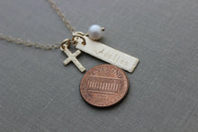 Load image into Gallery viewer, 14k gold filled Cross necklace - skinny bar name Charm - Name & White Freshwater Pearl - Hand Stamped - Confirmation Communion gift - Custom