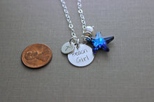 Load image into Gallery viewer, Bermuda Blue Swarovski Crystal Starfish Beach Girl Necklace, Hand Stamped Sterling Silver, Personalized Initial disc, Swarovski Pearl Cobalt