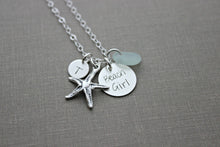 Load image into Gallery viewer, Beach Girl, Personalized Charm Necklace, Sterling Silver Starfish, Sea Glass and Mini Initial, Sea Foam, Mint Green, Hand Stamped seaglass