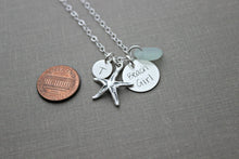 Load image into Gallery viewer, Beach Girl, Personalized Charm Necklace, Sterling Silver Starfish, Sea Glass and Mini Initial, Sea Foam, Mint Green, Hand Stamped seaglass