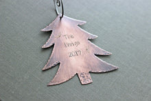 Load image into Gallery viewer, Rustic Copper Christmas Tree Ornament - Personalized with Family name and Year - Holly design - Custom Made to order - Gift idea new couple