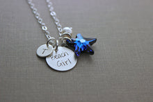 Load image into Gallery viewer, Bermuda Blue Swarovski Crystal Starfish Beach Girl Necklace, Hand Stamped Sterling Silver, Personalized Initial disc, Swarovski Pearl Cobalt