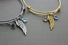 Load image into Gallery viewer, Gold or silver angel wing bracelet, gold plated stainless steel bangle Swarovski crystal birthstones  - Memorial bracelet personalized
