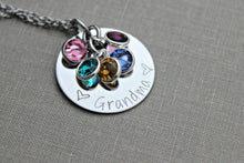 Load image into Gallery viewer, Personalized Grandma necklace, silver tone stainless steel, granny, nana, mom necklace with Swarovski crystal birthstones custom any name