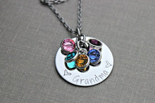 Load image into Gallery viewer, Personalized Grandma necklace, silver tone stainless steel, granny, nana, mom necklace with Swarovski crystal birthstones custom any name