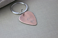 Load image into Gallery viewer, Rustic Guitar Pick keychain, I pick you, Hand Stamped Copper Guitar Pick, 18g, Inspirational, Gift for Boyfriend, Dad, Husband, groom