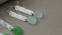 Load image into Gallery viewer, Genuine sea glass earrings - sterling silver textured bar earrings - beach jewelry - choice of color seafoam, green or white - hammered bar

