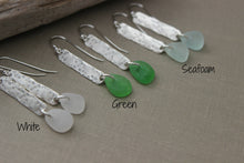 Load image into Gallery viewer, Genuine sea glass earrings - sterling silver textured bar earrings - beach jewelry - choice of color seafoam, green or white - hammered bar
