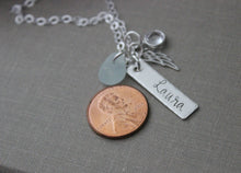 Load image into Gallery viewer, Sterling silver angel wing name bar necklace, hand stamped rectangle, genuine sea glass, Swarovski crystal birthstone - Memorial necklace