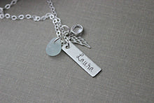 Load image into Gallery viewer, Sterling silver angel wing name bar necklace, hand stamped rectangle, genuine sea glass, Swarovski crystal birthstone - Memorial necklace