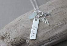 Load image into Gallery viewer, Sterling silver angel wing name bar necklace, hand stamped rectangle, genuine sea glass, Swarovski crystal birthstone - Memorial necklace