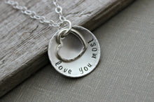 Load image into Gallery viewer, love you most necklace, all sterling silver, hammered heart charm and hammered cupped hand stamped sterling disc, Valentine's Day gift
