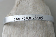 Load image into Gallery viewer, Sea Sun Sand bracelet - Hand stamped - Silver tone Cuff Bracelet - Beach Lover Gift idea