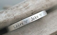 Load image into Gallery viewer, Name Cuff Bracelet - Silver Aluminum - Personalized Custom Names - Mothers Bracelet -Hearts - Hand stamped - Gift for her - skinny cuff