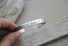 Load image into Gallery viewer, Name Cuff Bracelet - Silver Aluminum - Personalized Custom Names - Mothers Bracelet -Hearts - Hand stamped - Gift for her - skinny cuff