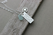 Load image into Gallery viewer, Coordinates Necklace - Sterling Silver - Hand Stamped with Compass Charm and Genuine Sea Glass - Rectangle Bar Charm - Special Place Beach
