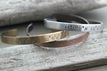 Load image into Gallery viewer, Custom Coordinates bracelet - Hand stamped silver aluminum, copper or bronze bracelet - 1/4 Inch Bangle Cuff Bracelet - special location