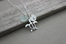 Load image into Gallery viewer, Personalized Charm Necklace with Sterling Silver Honu Turtle, genuine Sea Glass and Initial Charm, Hawaiian Turtle, Tropical beach