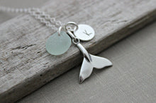Load image into Gallery viewer, Whale tail Necklace with Genuine Sea glass and Personalized Initial charm disc, Sterling Silver Beach Jewelry, Eco Friendly Fashion mermaid
